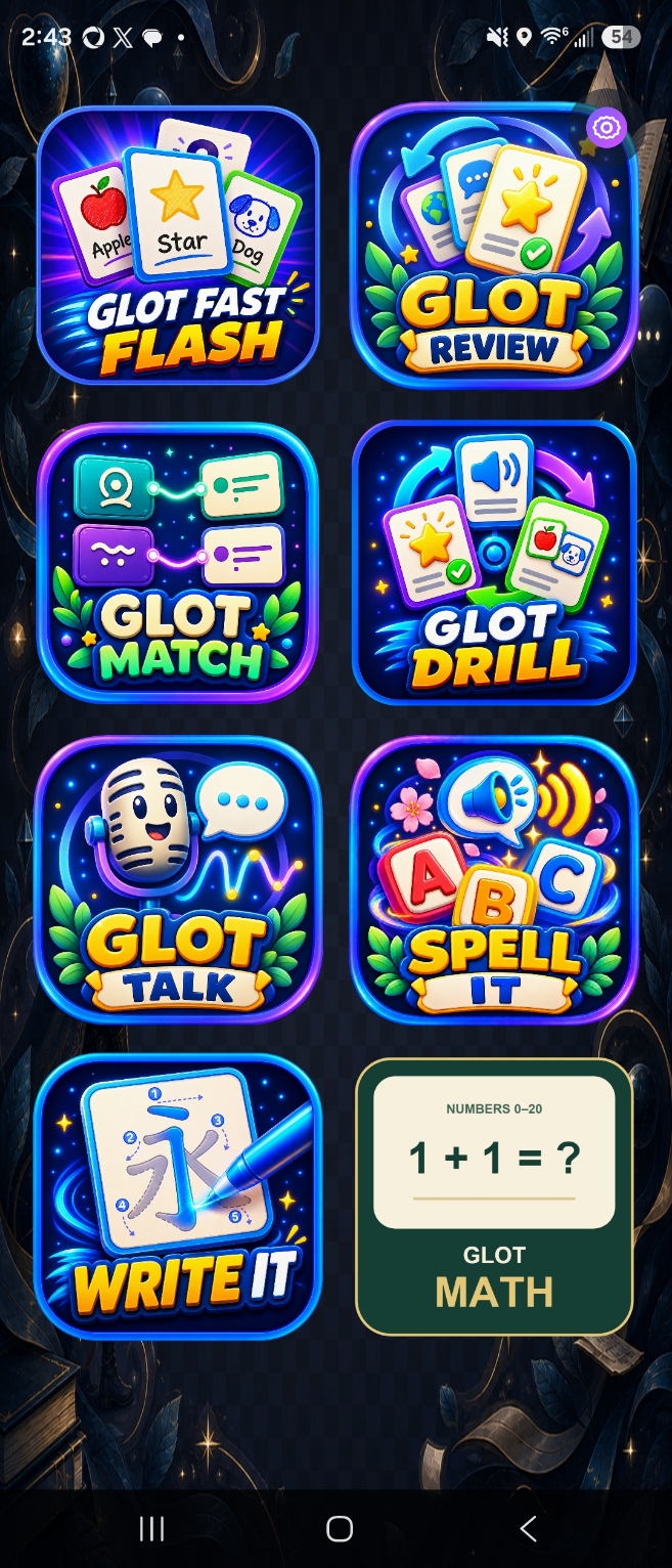 GlotQuest Learn screen showing the available learning games