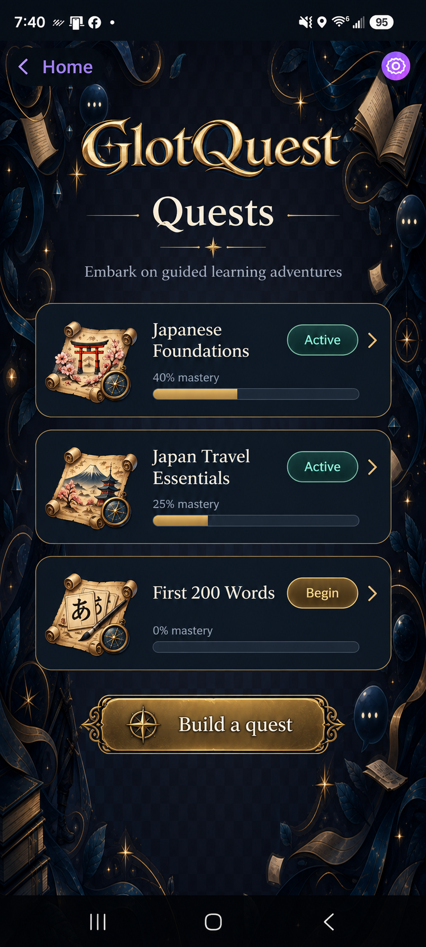 GlotQuest Quests screen with active learning adventures, mastery progress, and a Build a quest button