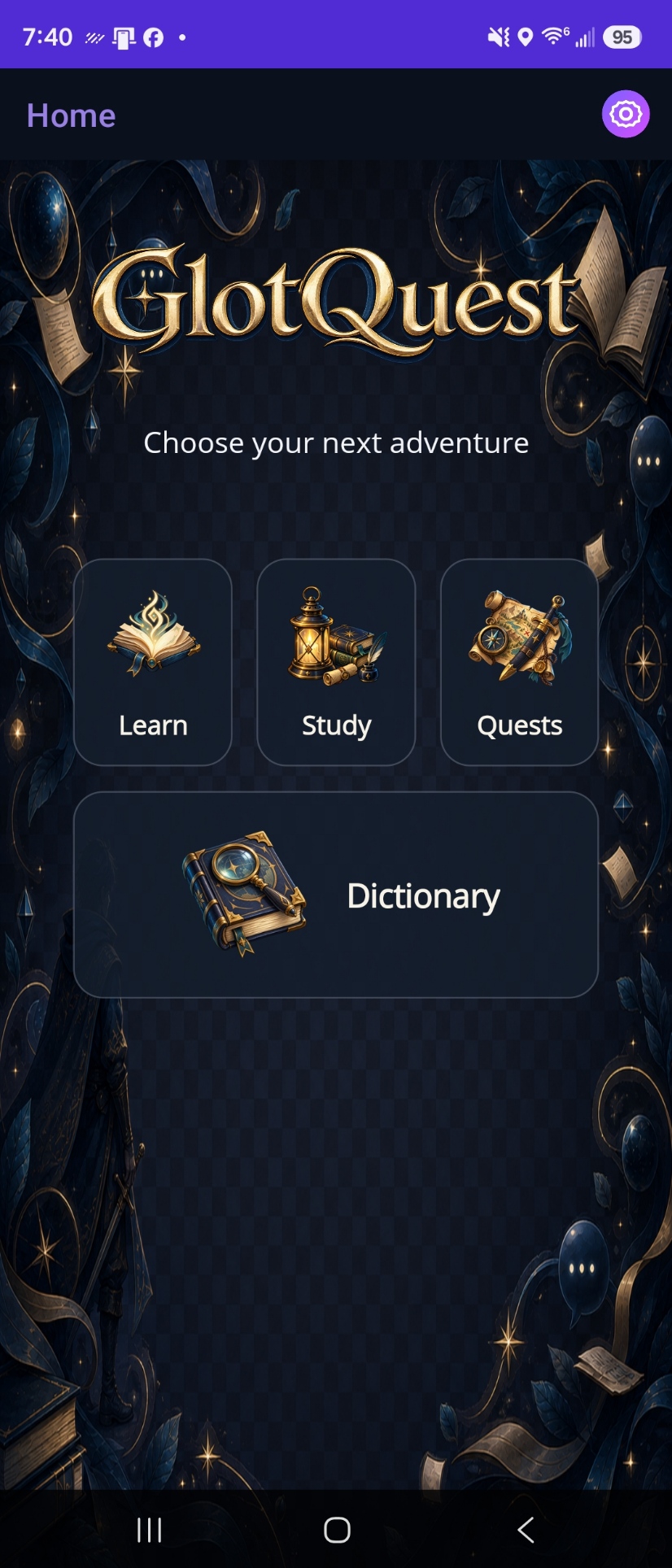 GlotQuest home screen showing Learn, Study, Quests and Dictionary